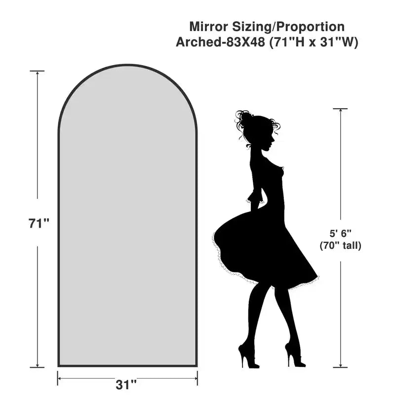 71x31" Large Arched Full Length Floor Mirror - Black Framed, Shatterproof