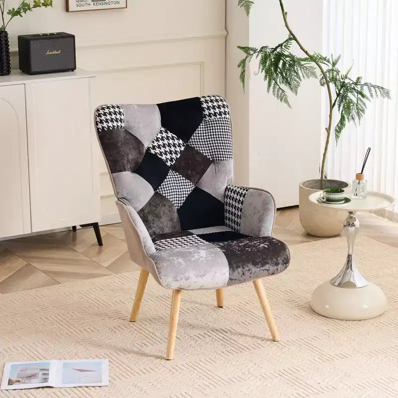 Patchwork Upholstered Accent Chair - Wingback Lounge Chair with Armrests