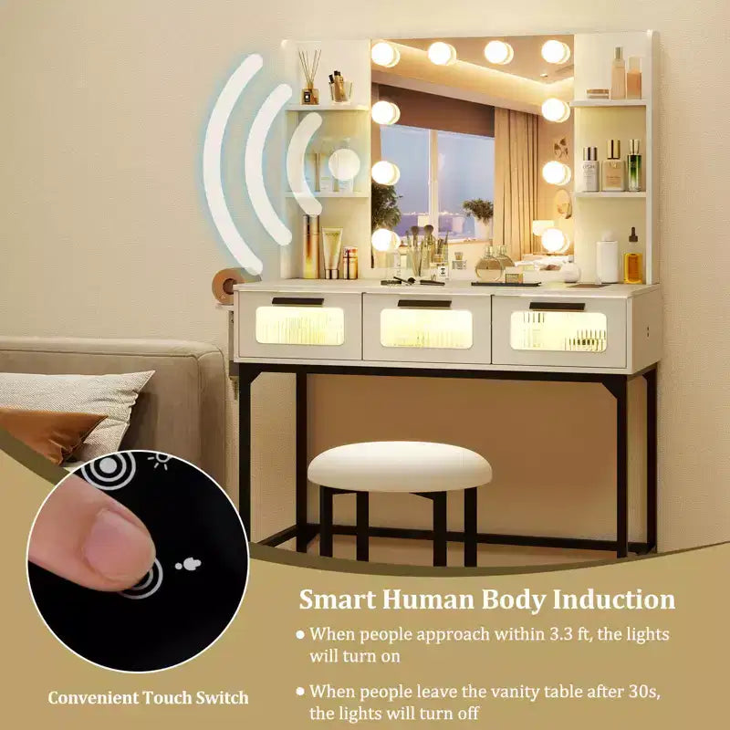 Makeup Vanity Desk with Hollywood Mirror & 3-Color Induction LED Lighting