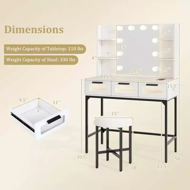 Makeup Vanity Desk with Hollywood Mirror & 3-Color Induction LED Lighting