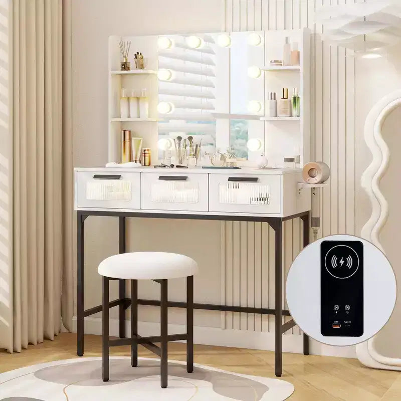 Makeup Vanity Desk with Hollywood Mirror & 3-Color Induction LED Lighting