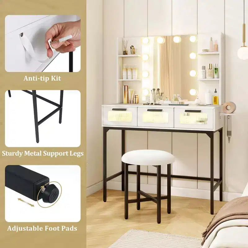 Makeup Vanity Desk with Hollywood Mirror & 3-Color Induction LED Lighting