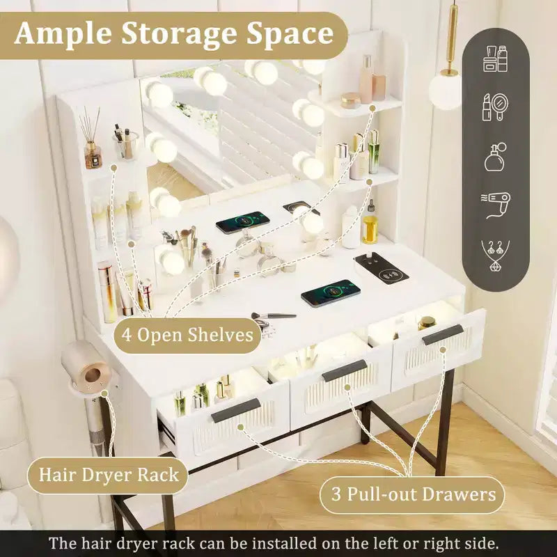 Makeup Vanity Desk with Hollywood Mirror & 3-Color Induction LED Lighting