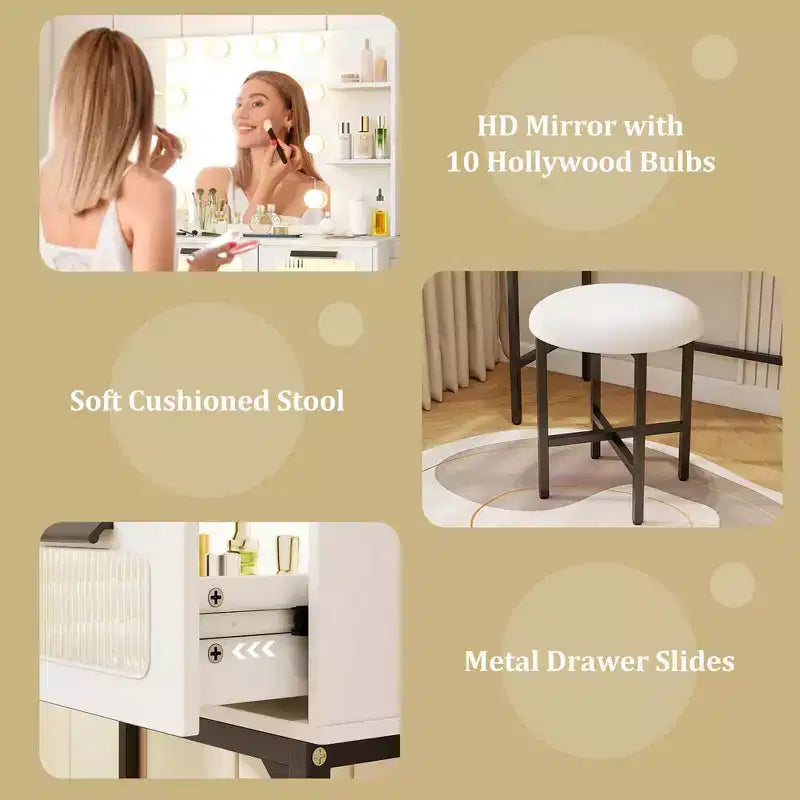 Makeup Vanity Desk with Hollywood Mirror & 3-Color Induction LED Lighting