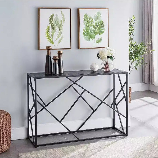 Kings Brand Furniture  Macon Modern Console Sofa Table, Black Metal Frame & Gray Wood - Perfect for Entryways and Living Rooms