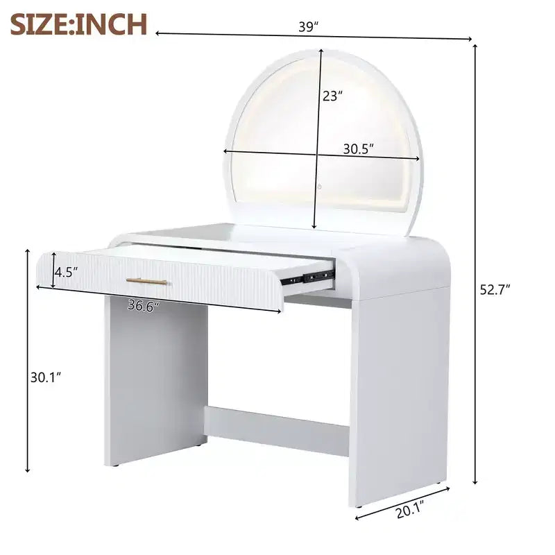 Dressing Vanity Table with Touch Screen LED Mirror and Large Drawer - White