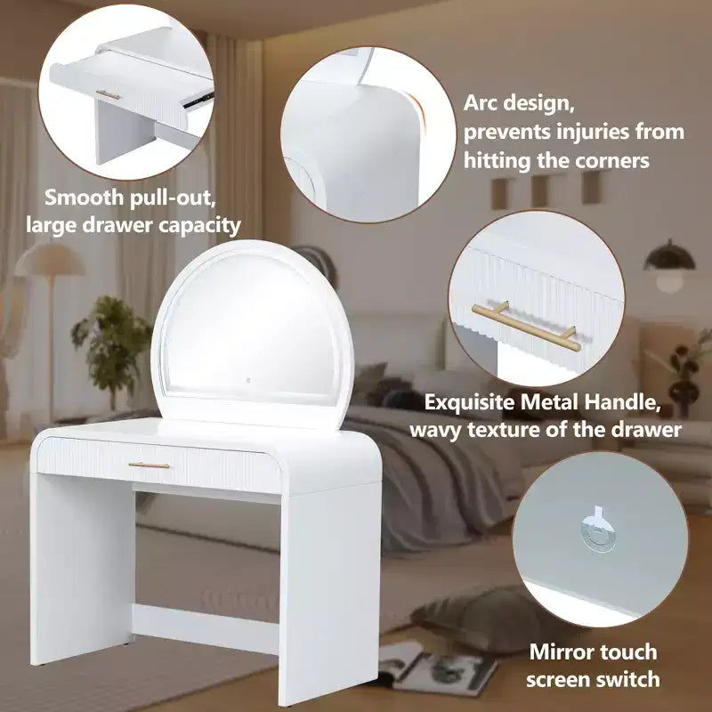 Dressing Vanity Table with Touch Screen LED Mirror and Large Drawer - White