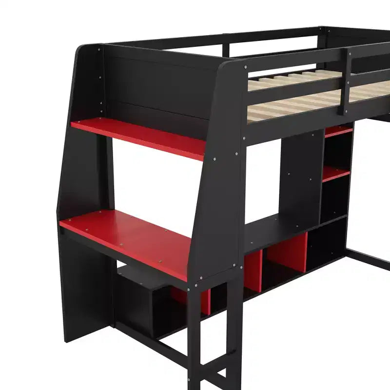 Twin/Full Size Gaming Loft Bed with Desk, LED Lights, Storage Shelves & Hanging Clothes Rack