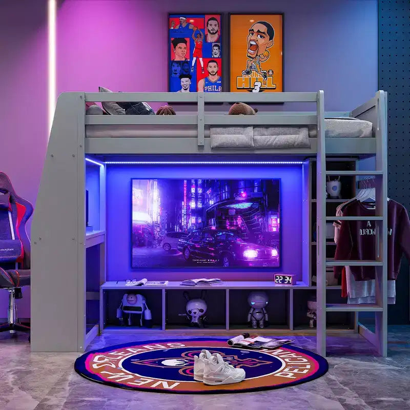 Twin/Full Size Gaming Loft Bed with Desk, LED Lights, Storage Shelves & Hanging Clothes Rack