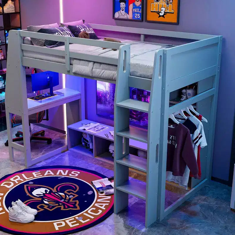 Twin/Full Size Gaming Loft Bed with Desk, LED Lights, Storage Shelves & Hanging Clothes Rack