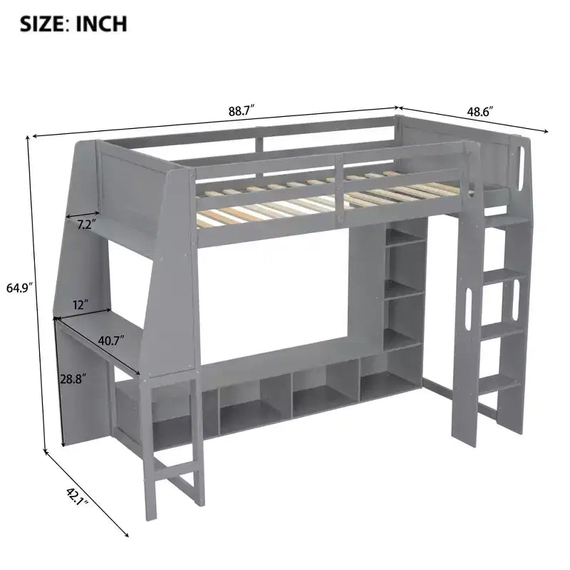 Twin/Full Size Gaming Loft Bed with Desk, LED Lights, Storage Shelves & Hanging Clothes Rack