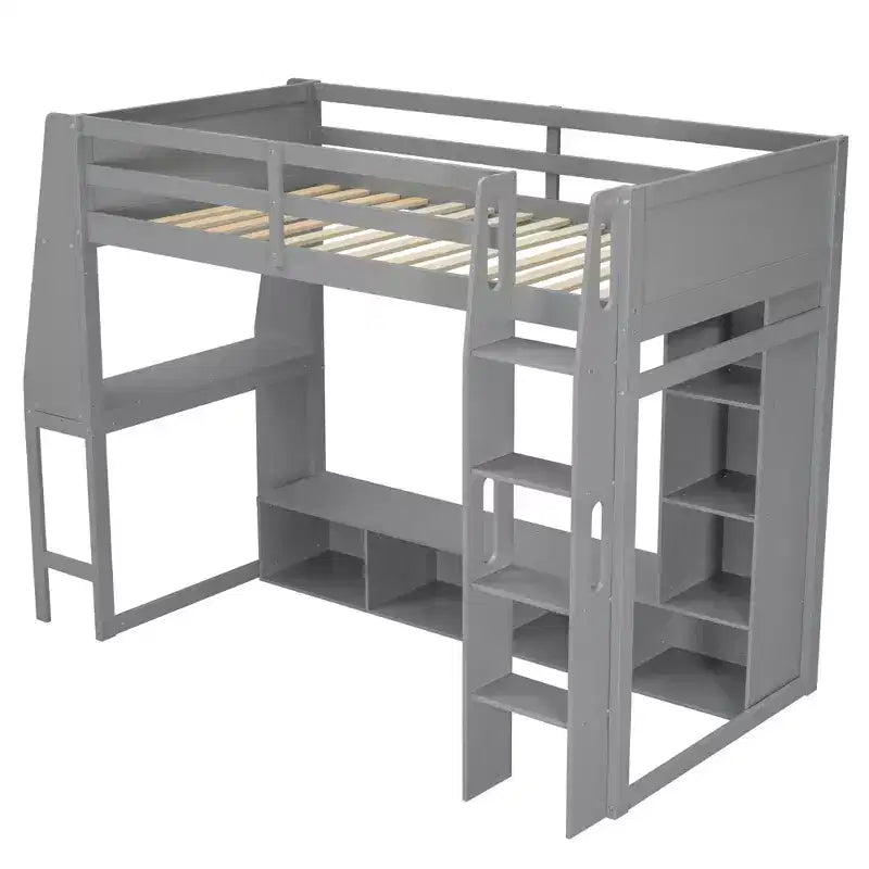 Twin/Full Size Gaming Loft Bed with Desk, LED Lights, Storage Shelves & Hanging Clothes Rack