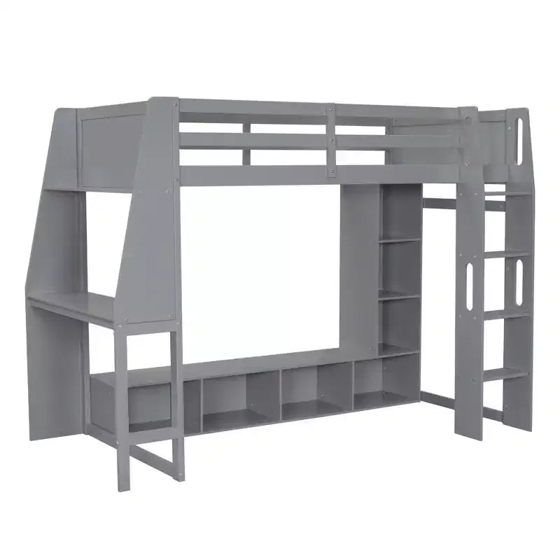 Twin/Full Size Gaming Loft Bed with Desk, LED Lights, Storage Shelves & Hanging Clothes Rack