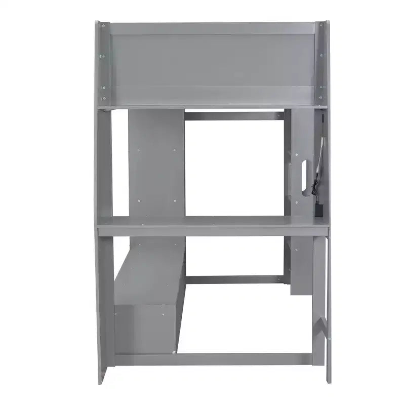 Twin/Full Size Gaming Loft Bed with Desk, LED Lights, Storage Shelves & Hanging Clothes Rack