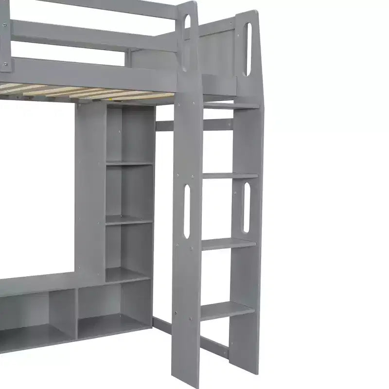 Twin/Full Size Gaming Loft Bed with Desk, LED Lights, Storage Shelves & Hanging Clothes Rack