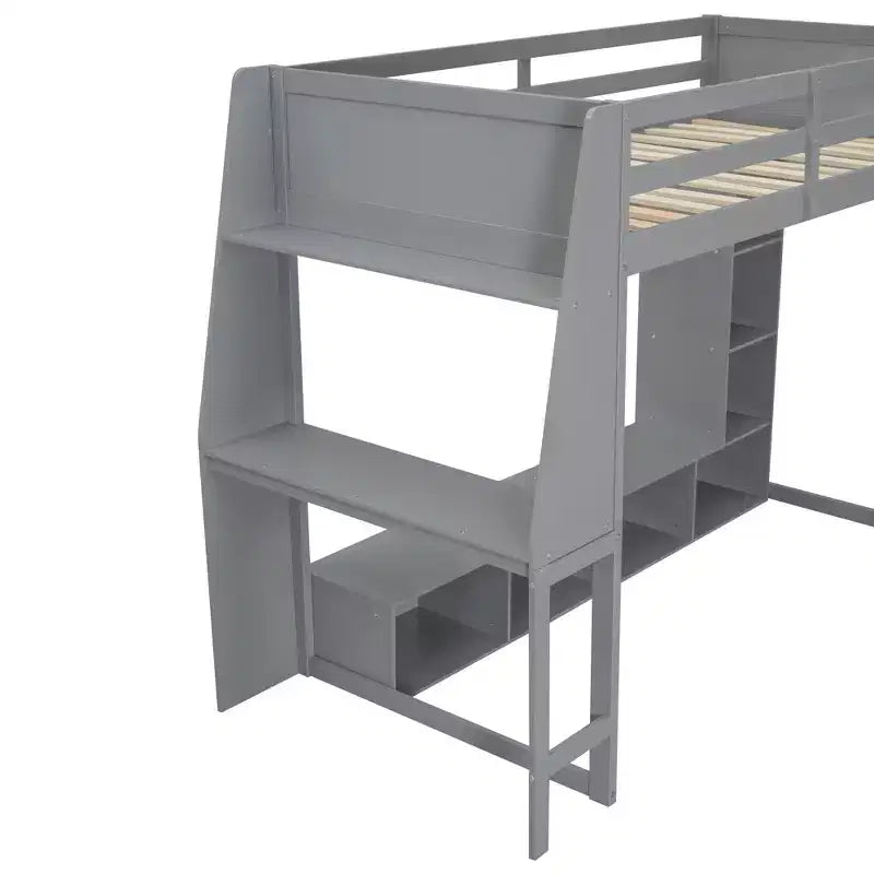 Twin/Full Size Gaming Loft Bed with Desk, LED Lights, Storage Shelves & Hanging Clothes Rack
