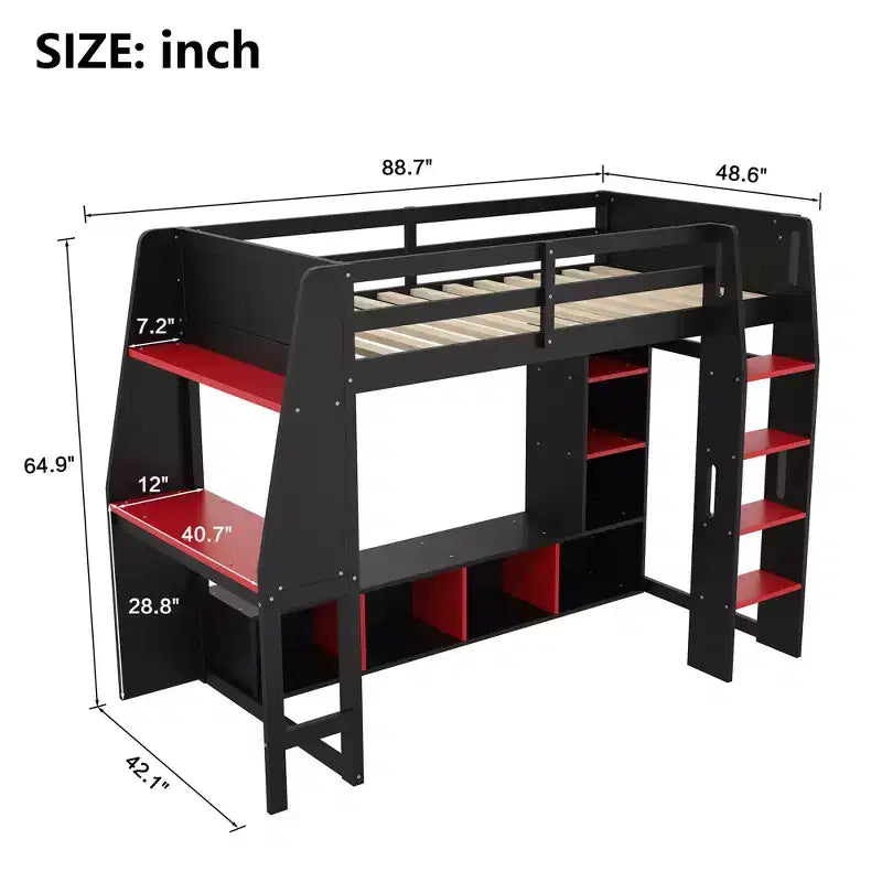Twin/Full Size Gaming Loft Bed with Desk, LED Lights, Storage Shelves & Hanging Clothes Rack
