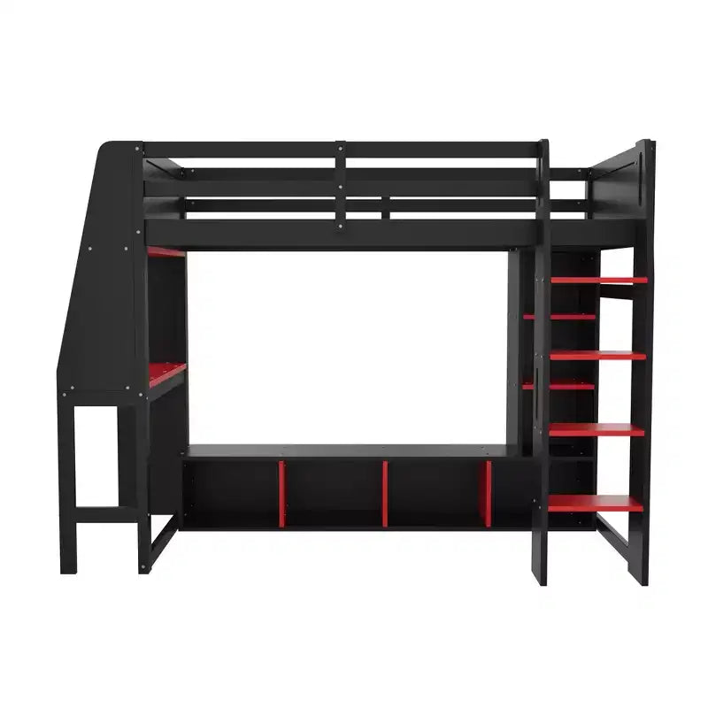 Twin/Full Size Gaming Loft Bed with Desk, LED Lights, Storage Shelves & Hanging Clothes Rack