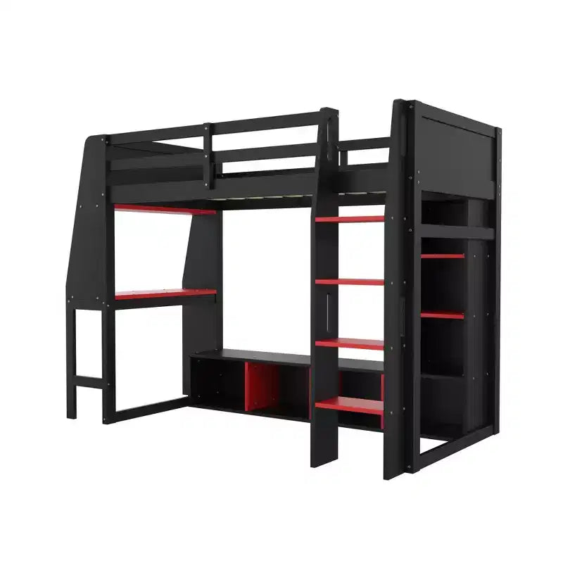 Twin/Full Size Gaming Loft Bed with Desk, LED Lights, Storage Shelves & Hanging Clothes Rack