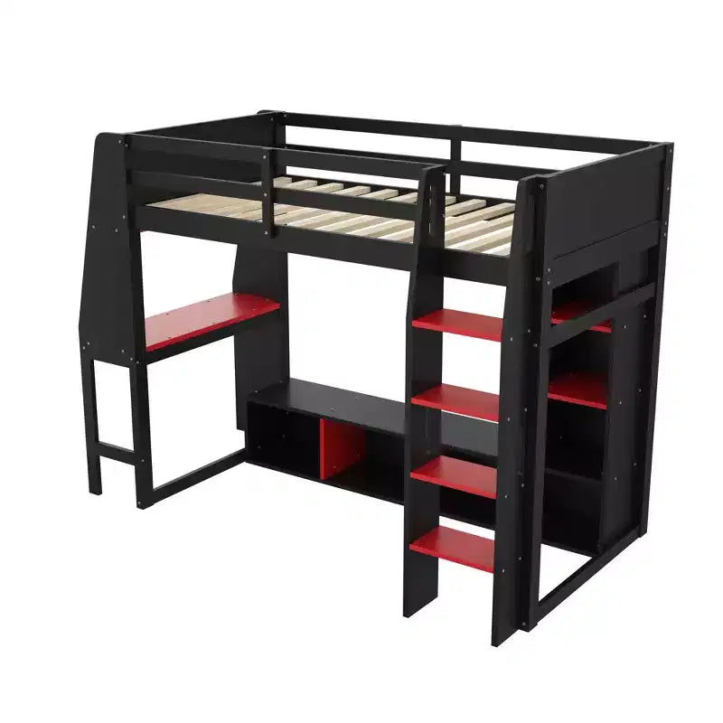 Twin/Full Size Gaming Loft Bed with Desk, LED Lights, Storage Shelves & Hanging Clothes Rack