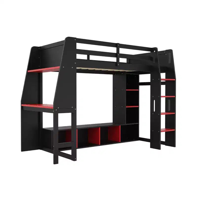 Twin/Full Size Gaming Loft Bed with Desk, LED Lights, Storage Shelves & Hanging Clothes Rack