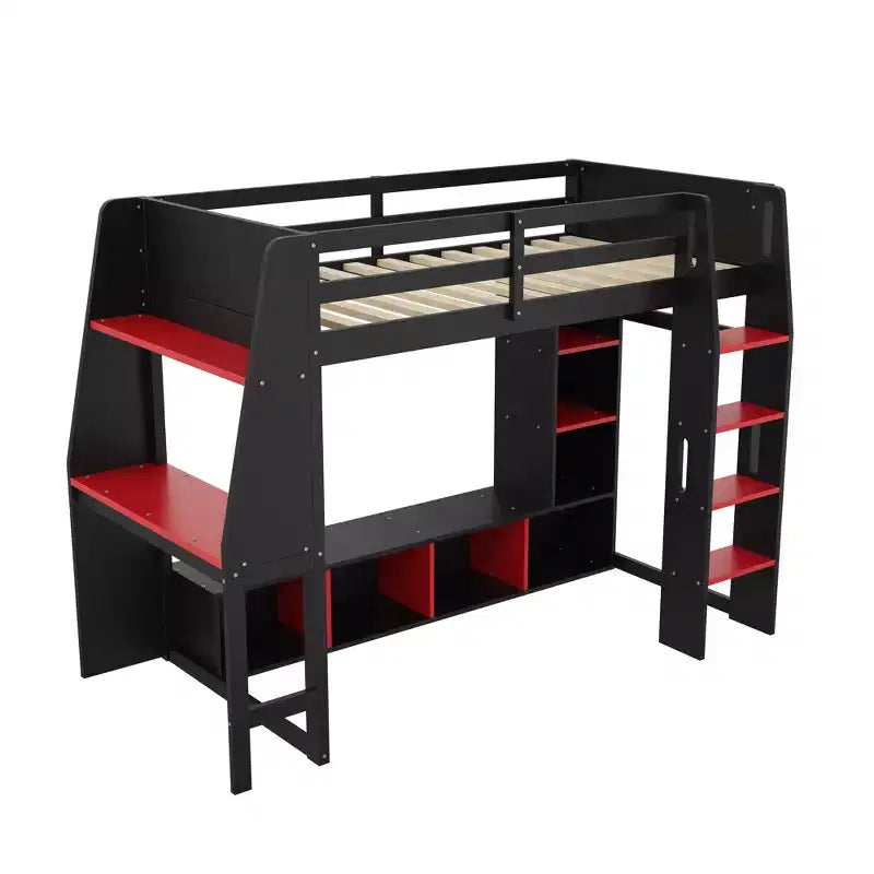 Twin/Full Size Gaming Loft Bed with Desk, LED Lights, Storage Shelves & Hanging Clothes Rack
