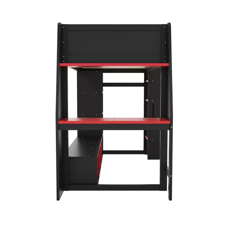 Twin/Full Size Gaming Loft Bed with Desk, LED Lights, Storage Shelves & Hanging Clothes Rack