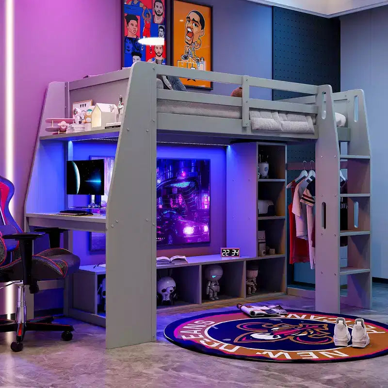 Twin/Full Size Gaming Loft Bed with Desk, LED Lights, Storage Shelves & Hanging Clothes Rack