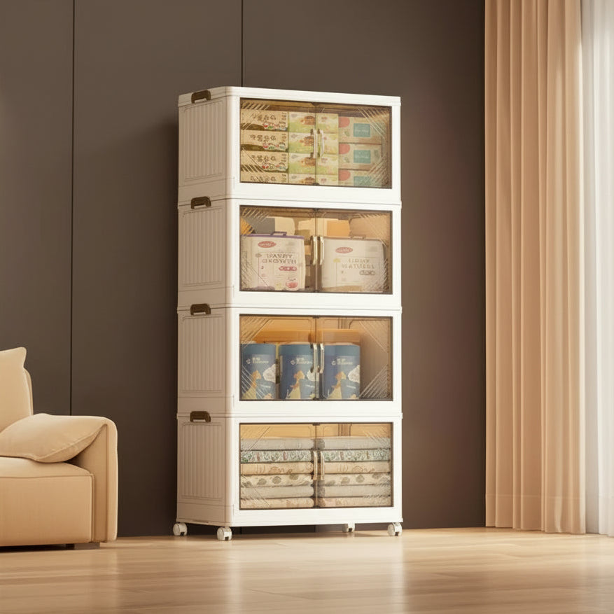 25.6 Inch Wide Clear Door Foldable Storage Box  4-Tier Large Capacity Organizer, Easy Access, Space-Saving Foldable Design