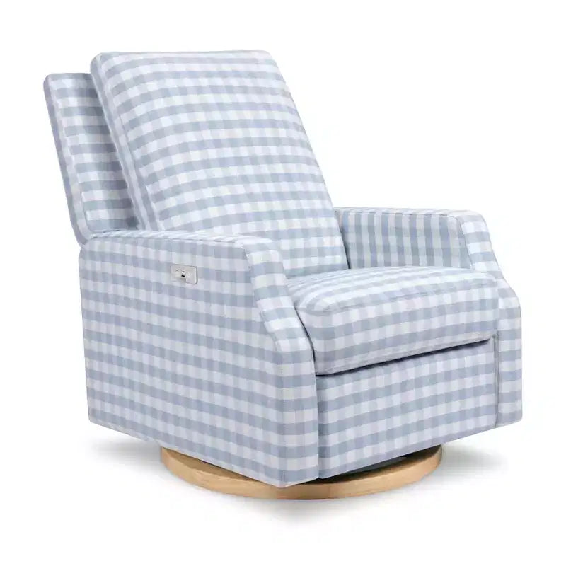 Electronic Recliner and Swivel Glider - Tan Gingham with Light Wood Base