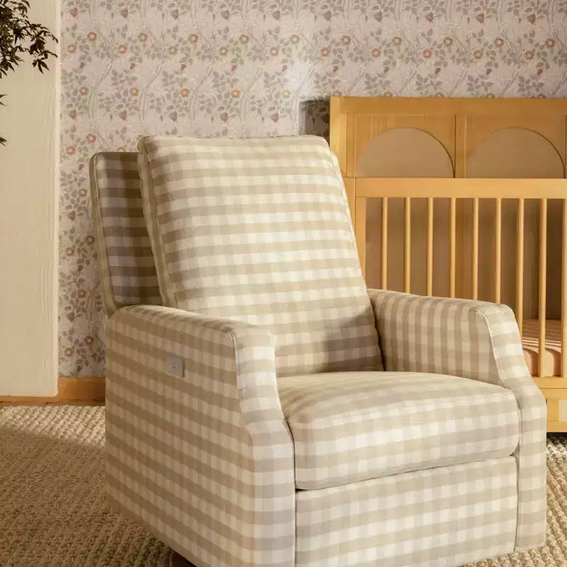 Electronic Recliner and Swivel Glider - Tan Gingham with Light Wood Base
