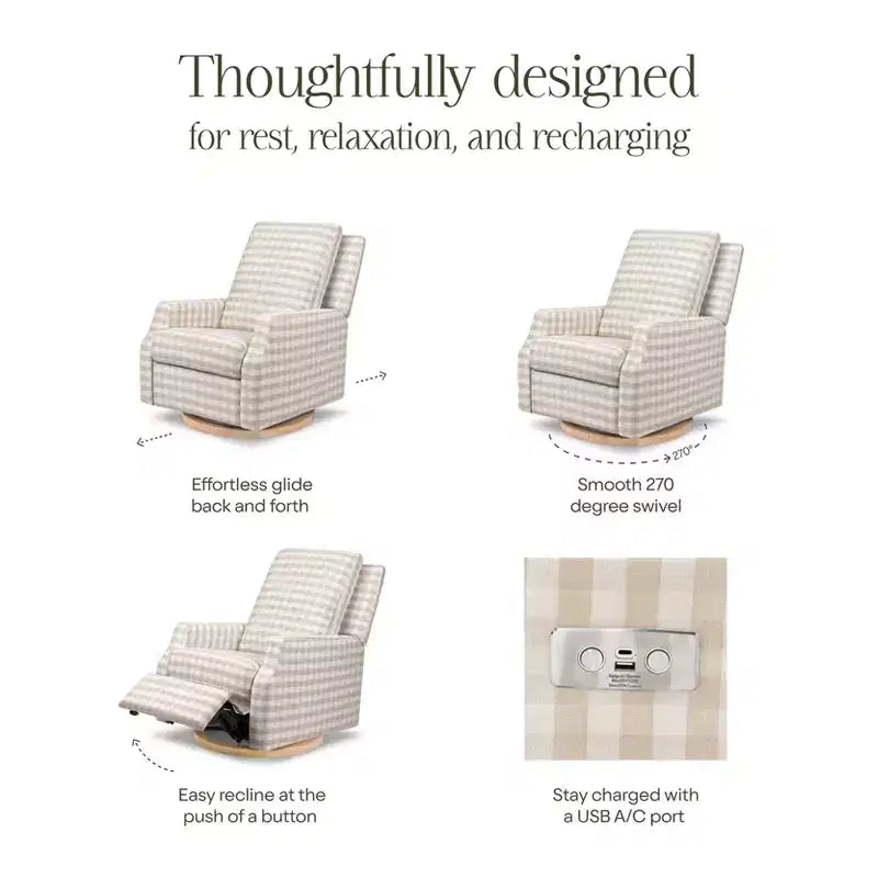 Electronic Recliner and Swivel Glider - Tan Gingham with Light Wood Base