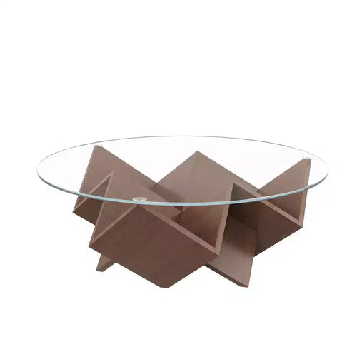 35.4" Walnut Round Coffee Table with Glass Top, Geometric Art Deco Base & Storage Shelves