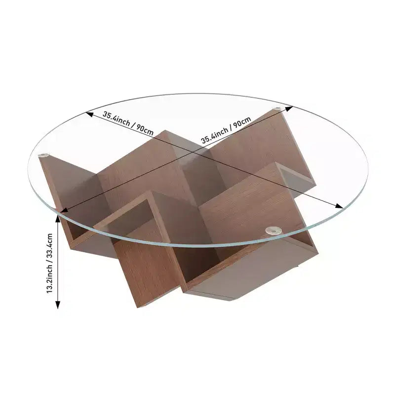 35.4" Walnut Round Coffee Table with Glass Top, Geometric Art Deco Base & Storage Shelves