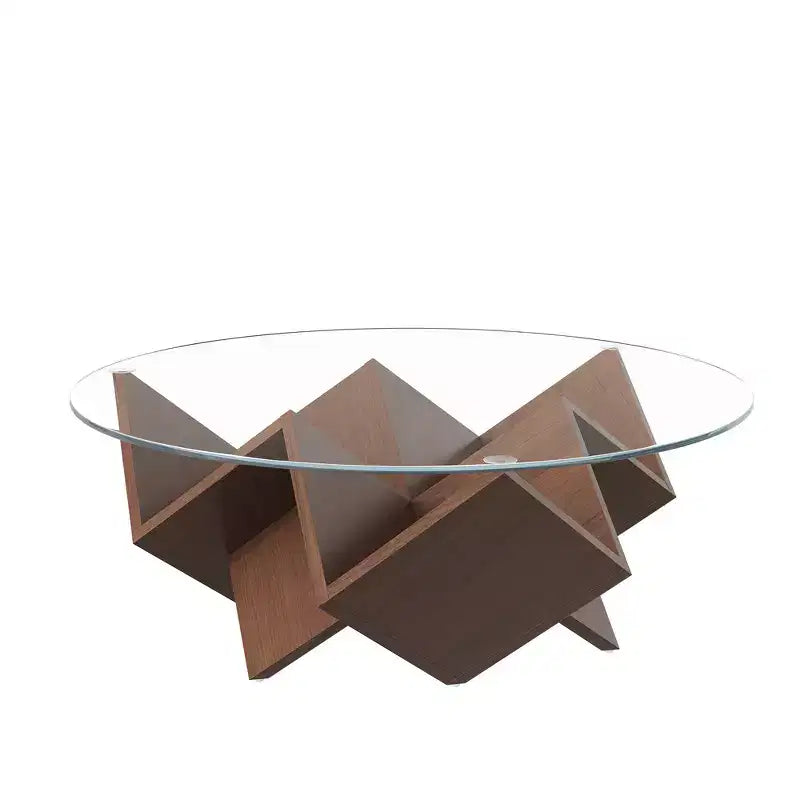 35.4" Walnut Round Coffee Table with Glass Top, Geometric Art Deco Base & Storage Shelves