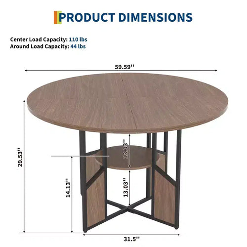 59 Inch Round Dining Table for 46,Circle Kitchen Dining Table with 2-Layer Storage Shelf & Cross Base,Large Round Table with Wood & Iron Frame
