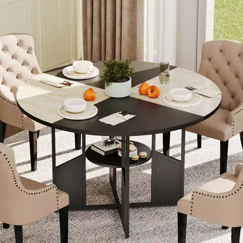 59 Inch Round Dining Table for 46,Circle Kitchen Dining Table with 2-Layer Storage Shelf & Cross Base,Large Round Table with Wood & Iron Frame