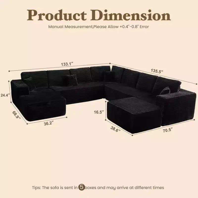 U-Shape Modular Sectional Sofa - 27" Deep Seat, Modern Minimalist, Seats 9