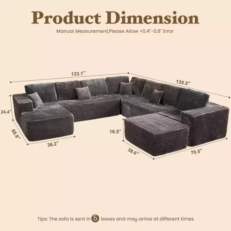 U-Shape Modular Sectional Sofa - 27" Deep Seat, Modern Minimalist, Seats 9