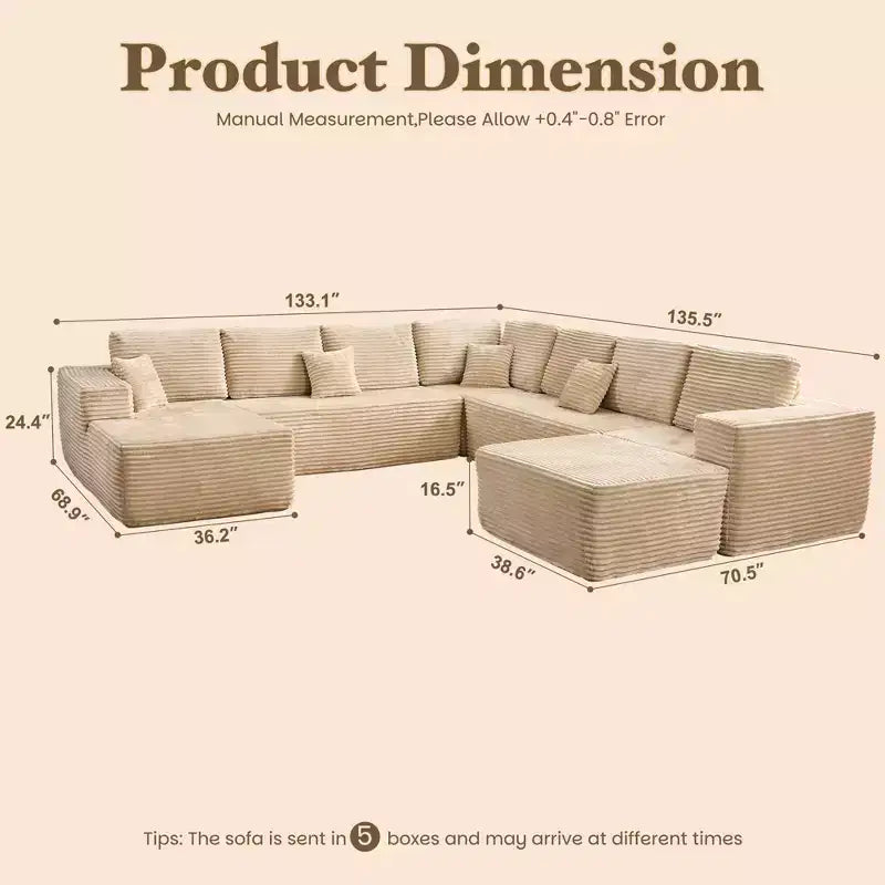 U-Shape Modular Sectional Sofa - 27" Deep Seat, Modern Minimalist, Seats 9