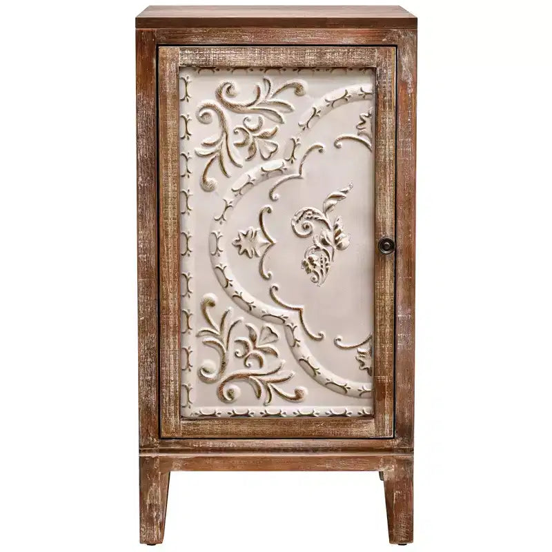 Vintage End Table with Floral Door Panel - Indoor Storage Cabinet, Natural and Cream Finish