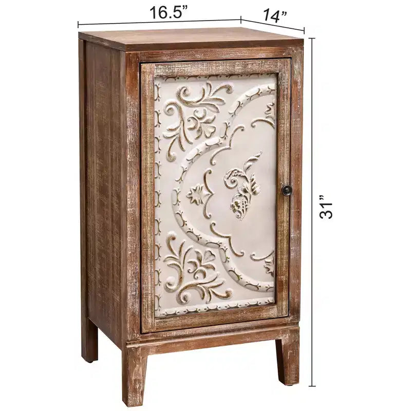 Vintage End Table with Floral Door Panel - Indoor Storage Cabinet, Natural and Cream Finish