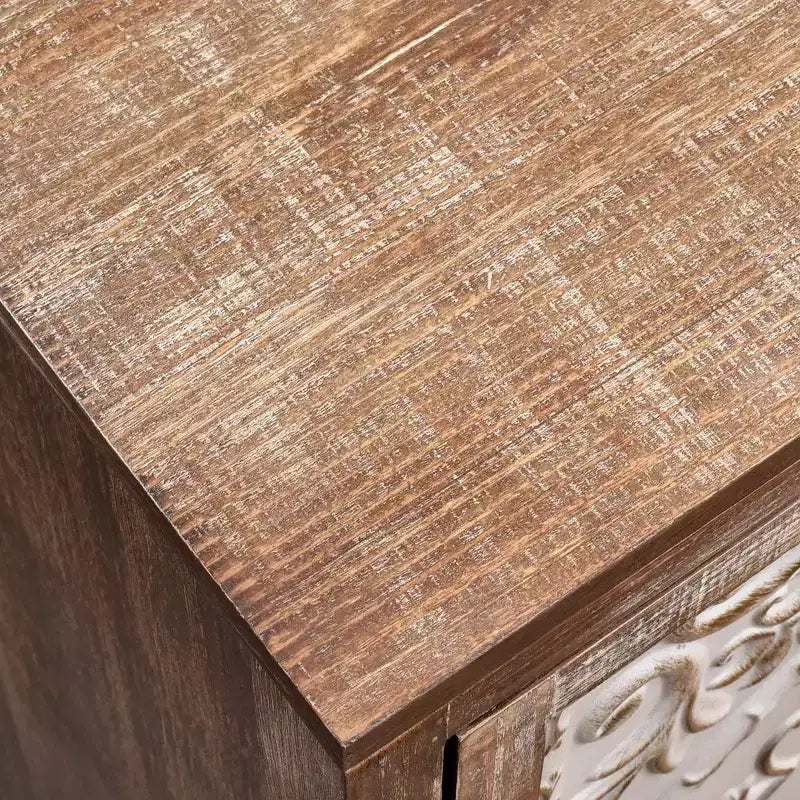 Vintage End Table with Floral Door Panel - Indoor Storage Cabinet, Natural and Cream Finish