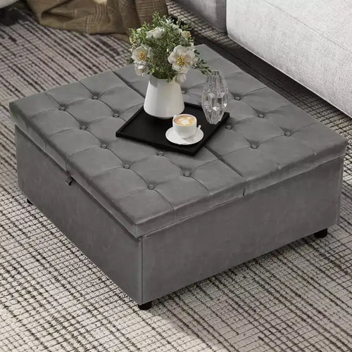 35.5 Inch Square Storage Ottoman Coffee Table - 500 lb Capacity, Gray Faux Leather