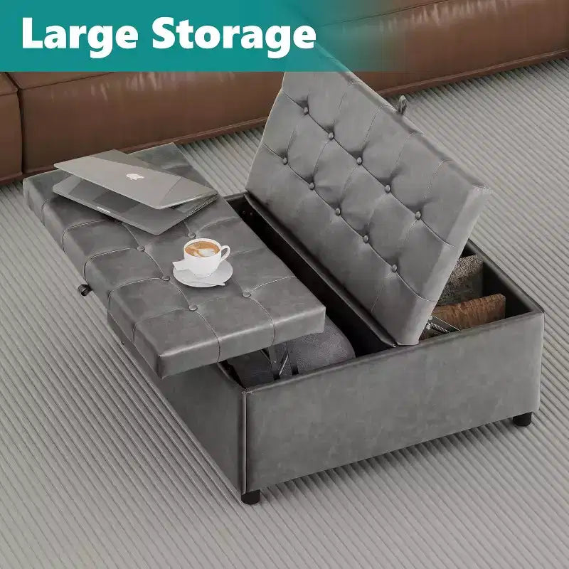 35.5 Inch Square Storage Ottoman Coffee Table - 500 lb Capacity, Gray Faux Leather