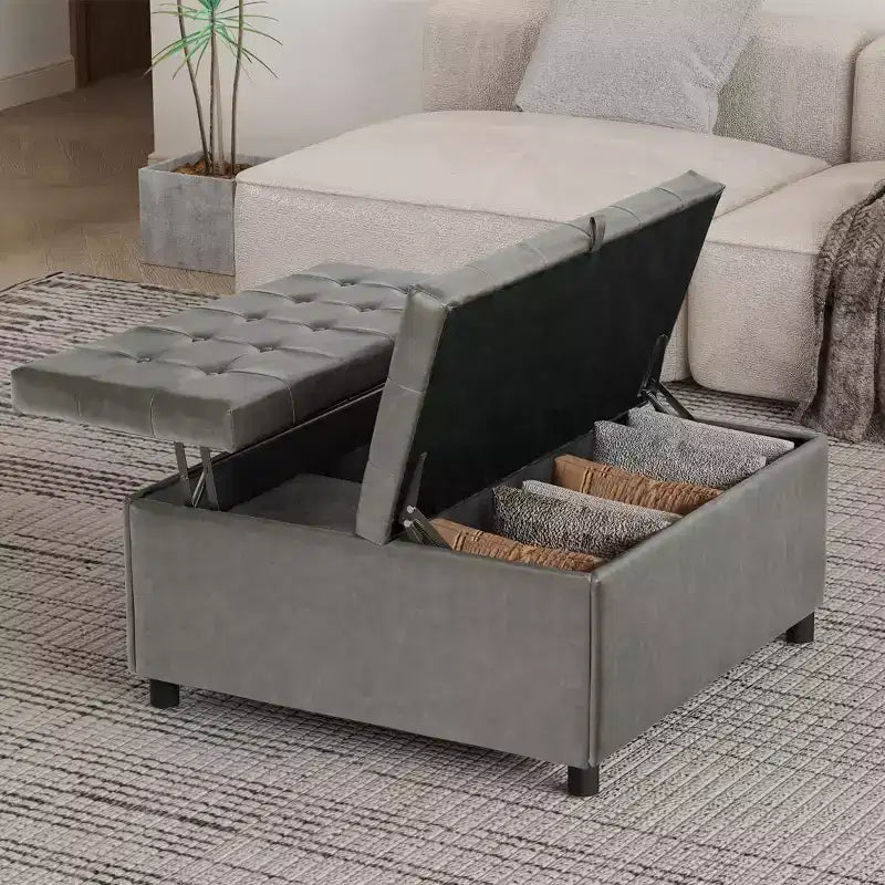 35.5 Inch Square Storage Ottoman Coffee Table - 500 lb Capacity, Gray Faux Leather