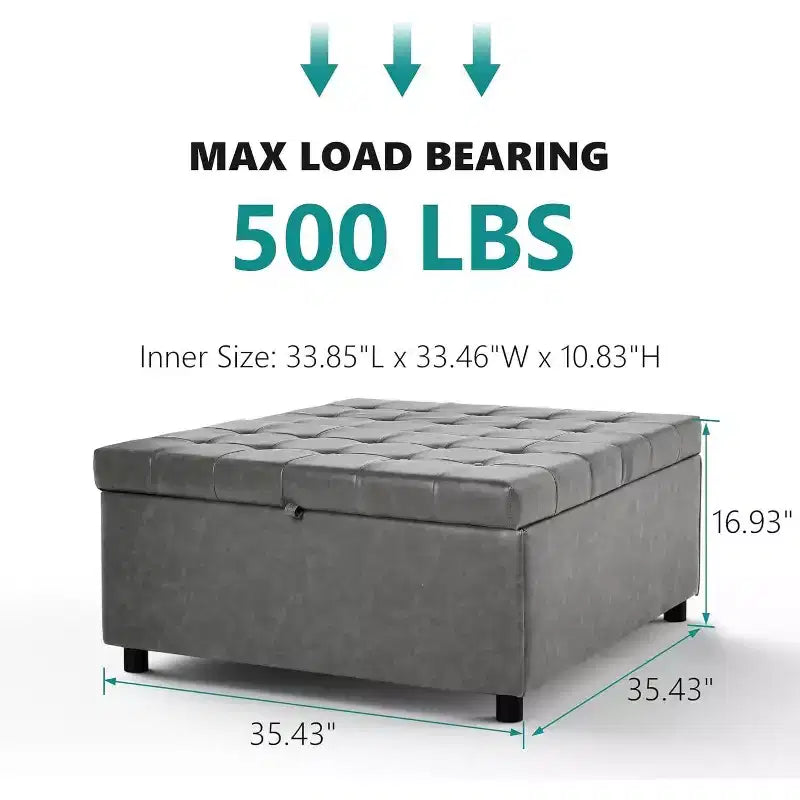 35.5 Inch Square Storage Ottoman Coffee Table - 500 lb Capacity, Gray Faux Leather