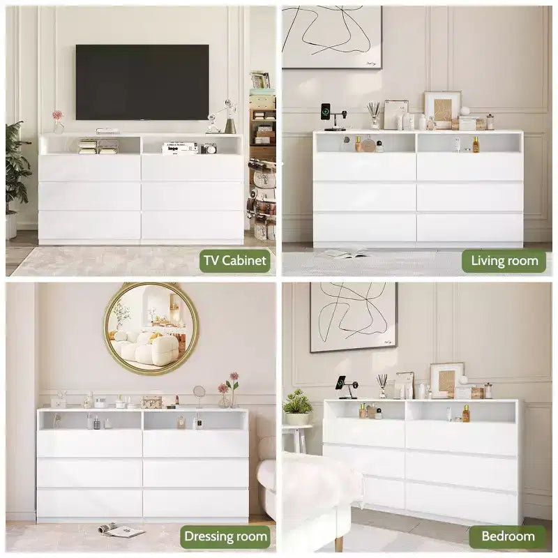 Modern 6-Drawer Dresser with LED Lights & Power Outlet - Double Wide Storage Organizer / TV Stand