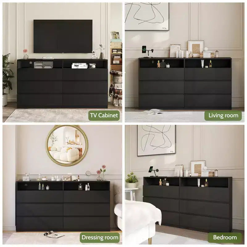 Modern 6-Drawer Dresser with LED Lights & Power Outlet - Double Wide Storage Organizer / TV Stand