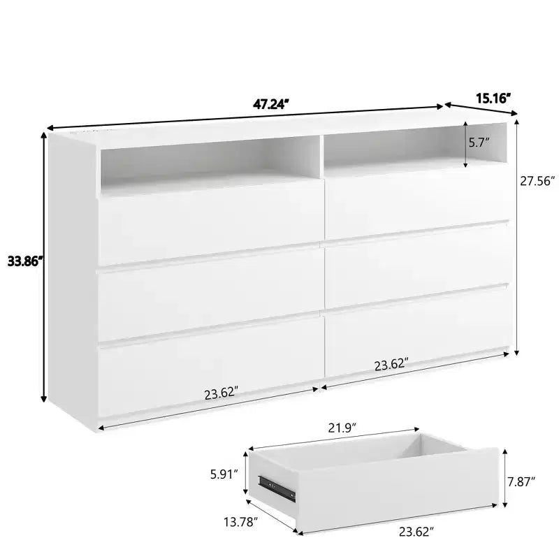 Modern 6-Drawer Dresser with LED Lights & Power Outlet - Double Wide Storage Organizer / TV Stand